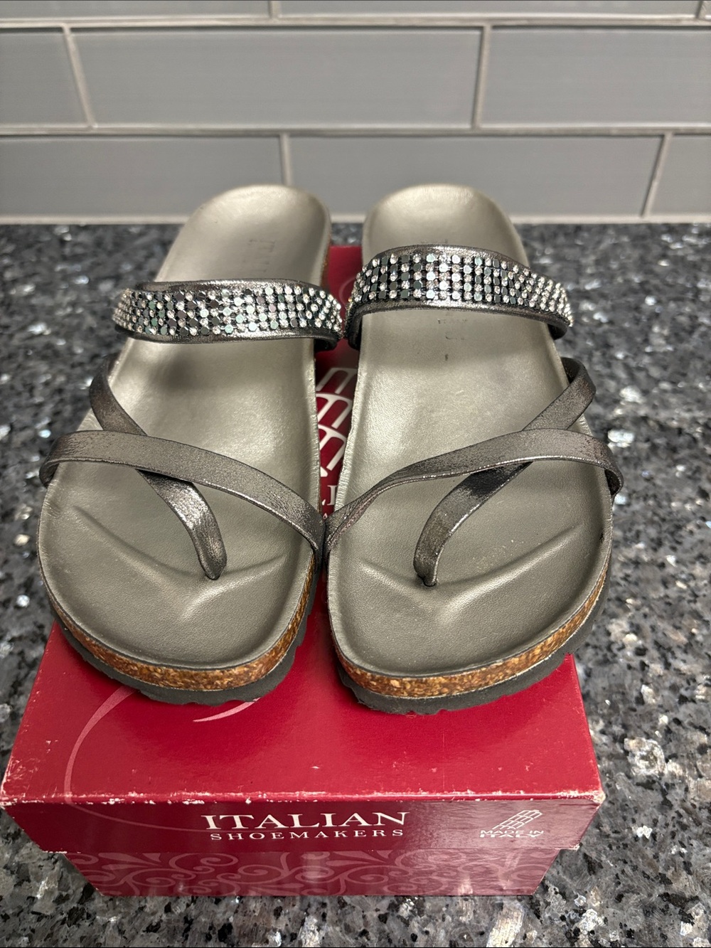 Italian Shoemakers Silver Rhinestone Double-Strap Slide Sandals 8.5
